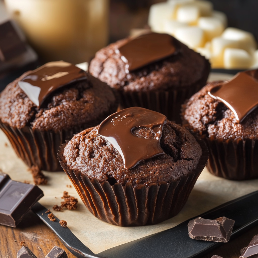 Rich chocolate muffins topped with melted chocolate squares, displayed on a baking tray with chocolate chunks scattered around.