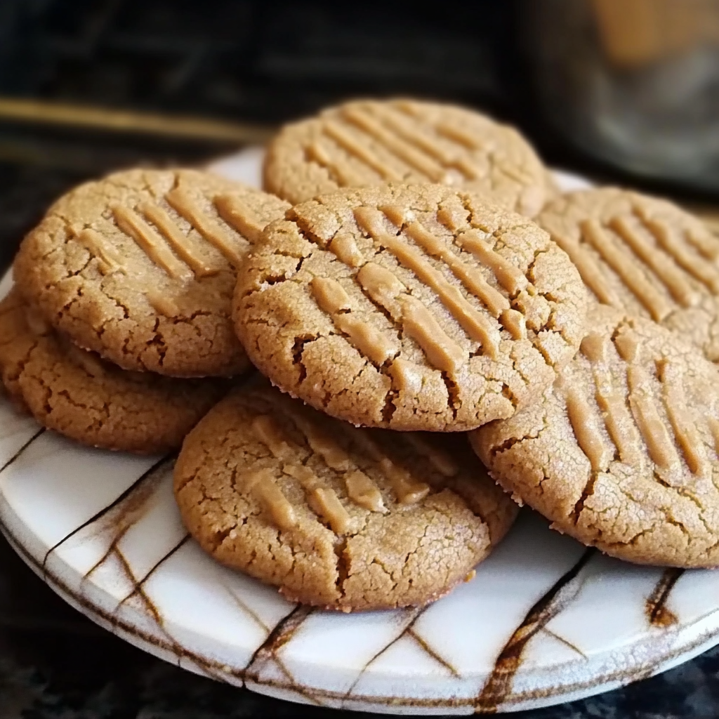 Plate of homemade peanut butter cookies with a crisscross pattern on a decorative ceramic dish.