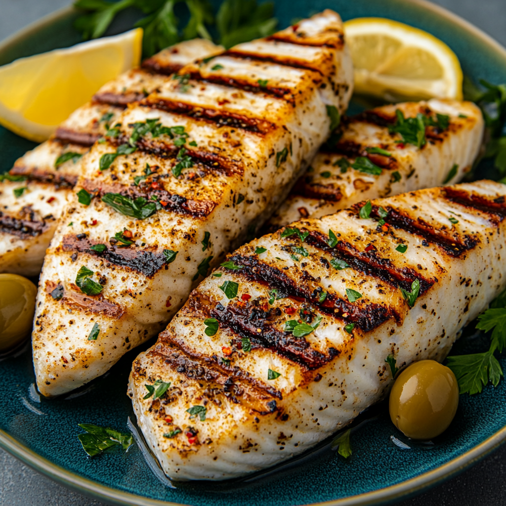 Grilled swordfish fillets garnished with fresh herbs, served with lemon slices and green olives on a blue plate.