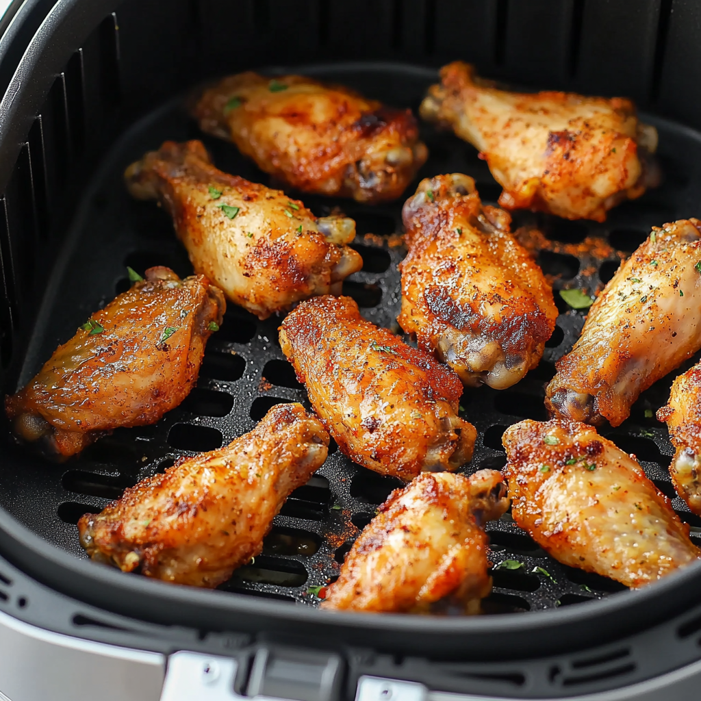 Frozen chicken wings cooking in an air fryer, showing a lacy, crispy texture with perfect golden-brown coloring