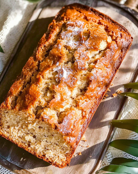 A golden-brown loaf of Hawaiian banana bread with a cracked top, displayed on a wooden tray in natural sunlight.