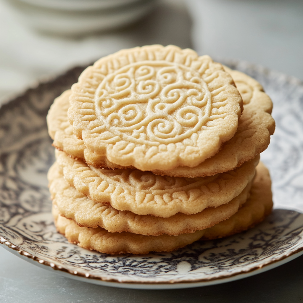 A stack of low-sugar cookies with intricate swirling patterns, served on a beautifully designed ceramic plate.