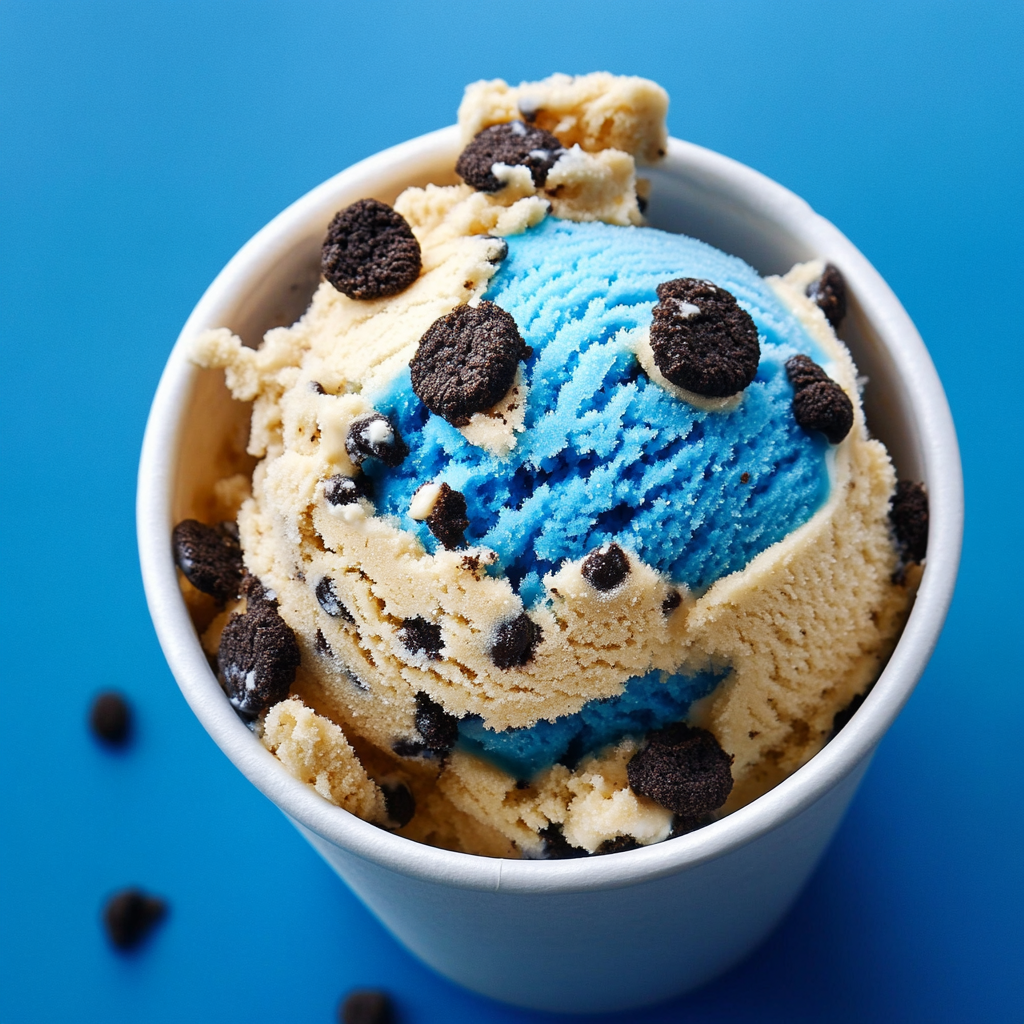 A vibrant scoop of Cookie Monster Ice Cream with bright blue and vanilla swirls, studded with chocolate chips and mini Oreo pieces, served in a white cup on a blue background.