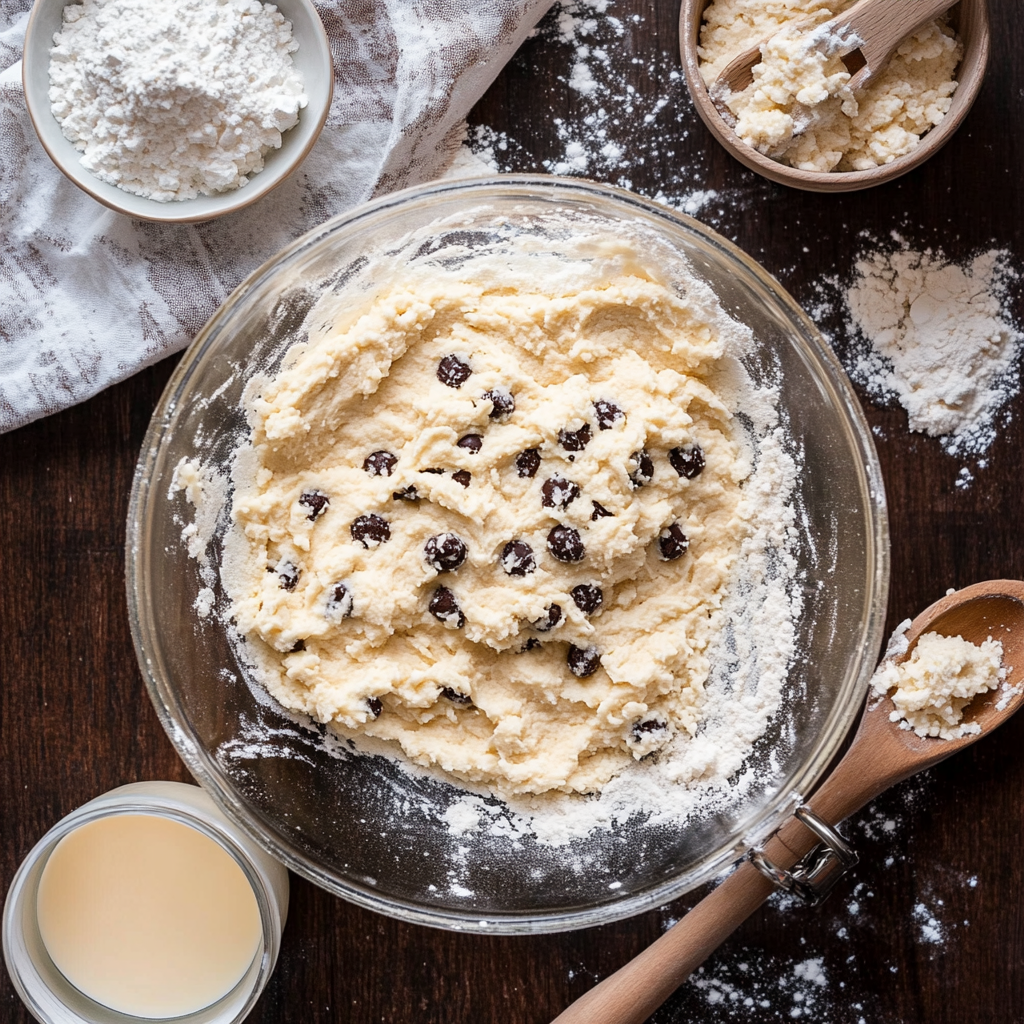 A bowl of cottage cheese cookie dough with chocolate chips, surrounded by baking ingredients on a rustic wooden table.