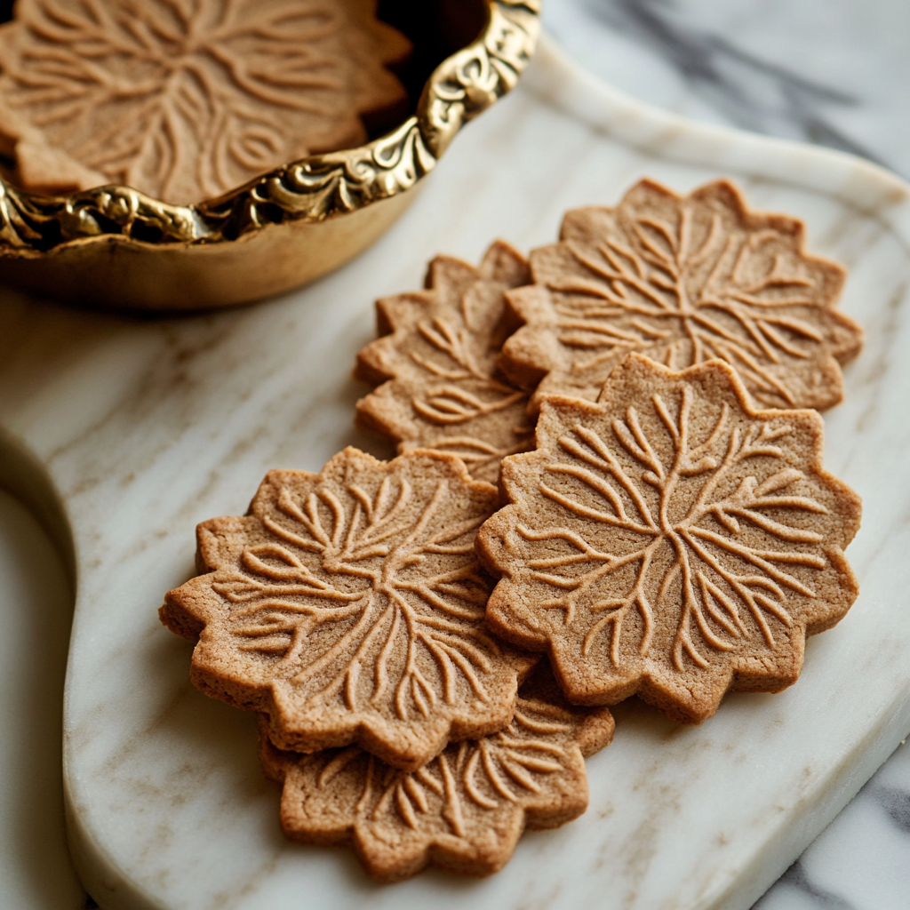 Beautifully designed speculaas cookies with intricate leaf patterns displayed on a marble board next to a golden dish.