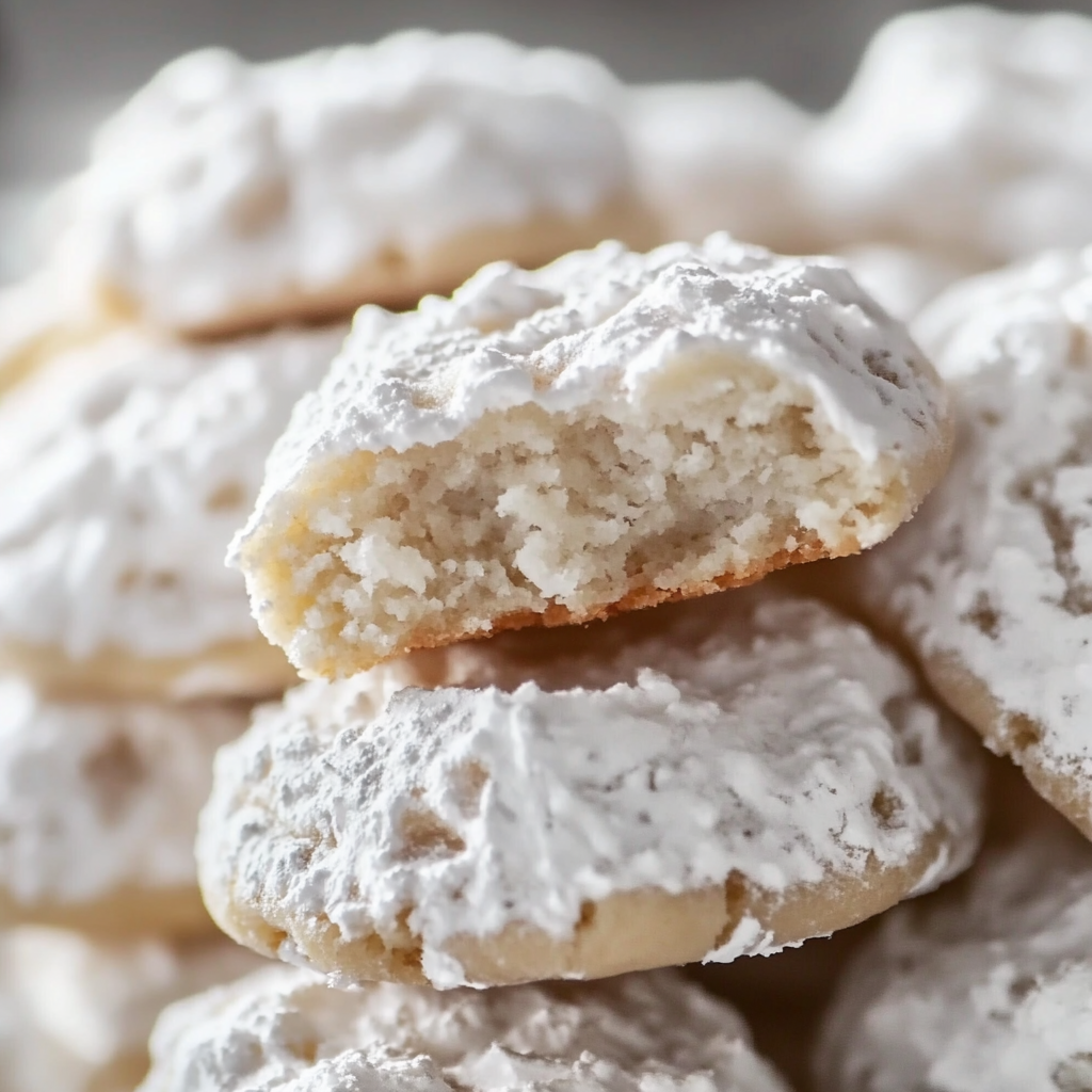 Close-up of Danish wedding cookies with powdered sugar coating, showing a soft and crumbly texture