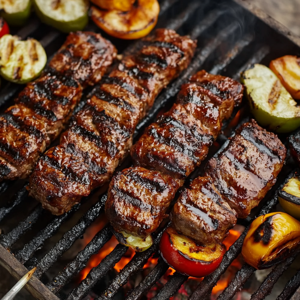 Juicy grilled beef steaks with charred vegetables on a barbecue grill