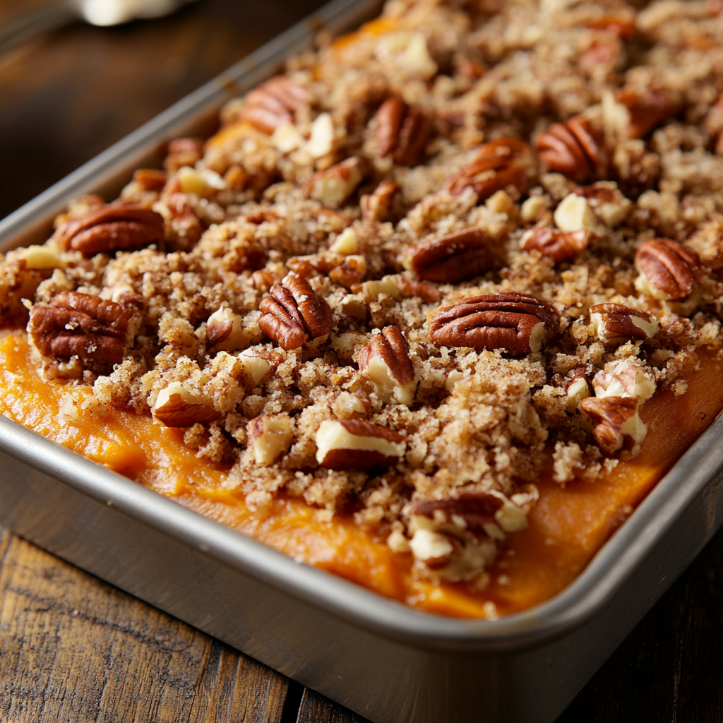 Thanksgiving sweet potato casserole topped with a golden pecan crumble, served in a baking dish