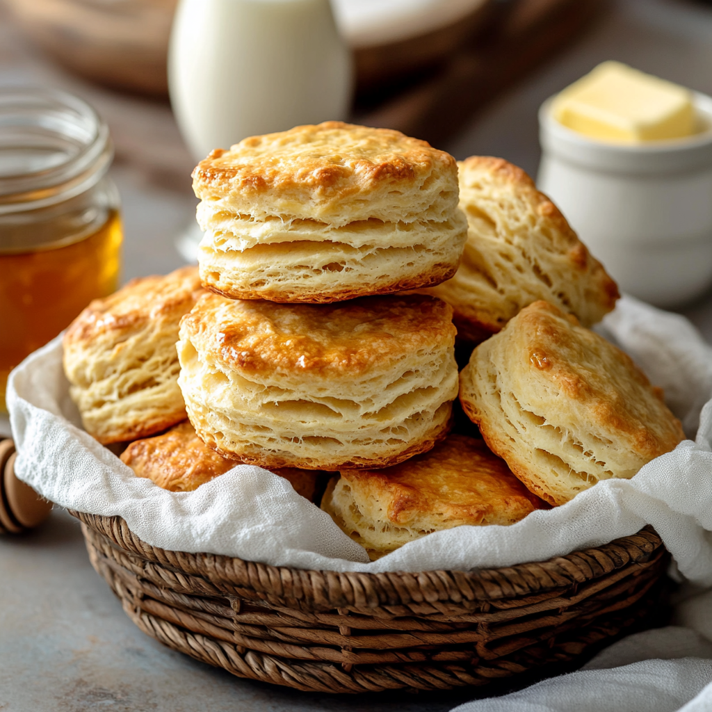 Golden brown, fluffy buttermilk biscuits stacked in a basket lined with white cloth, with honey and butter in the background