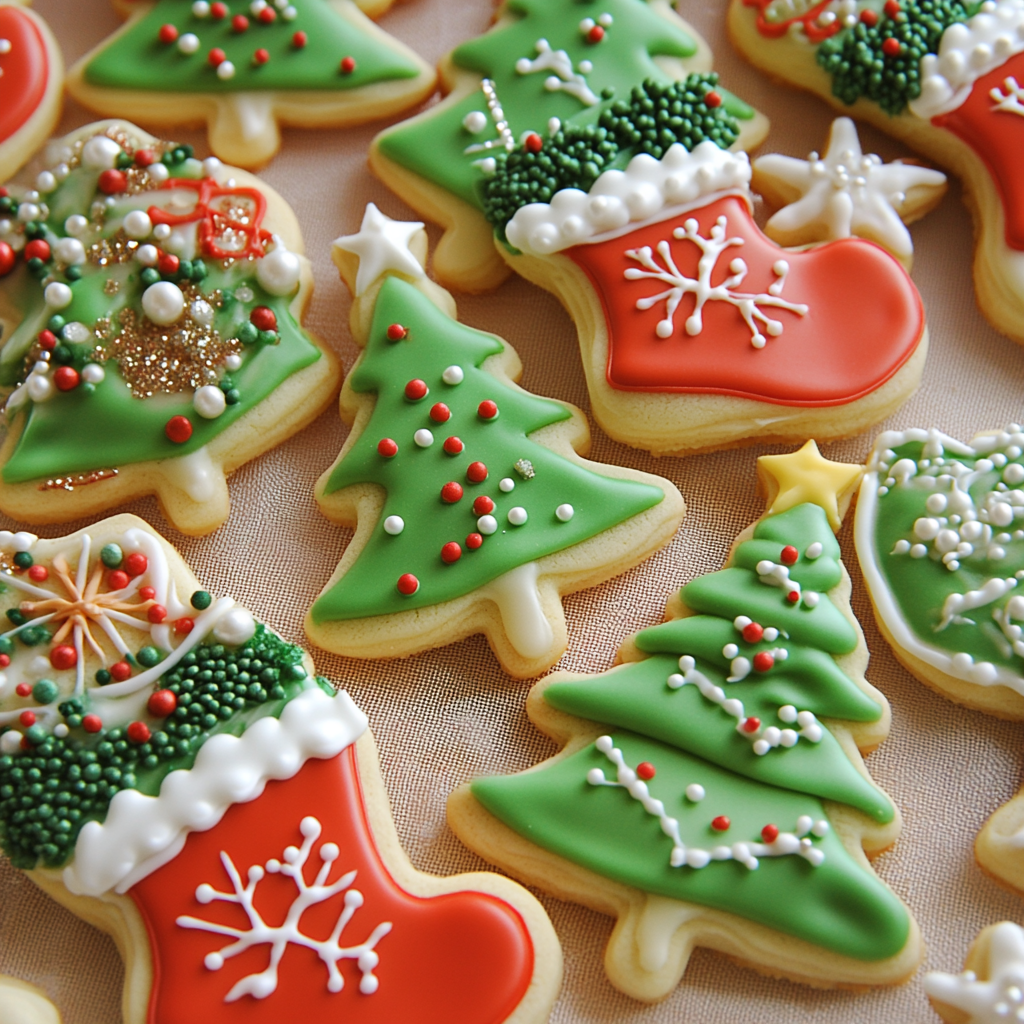 Christmas-themed rolled sugar cookies decorated as trees and stockings with colorful icing and sprinkles