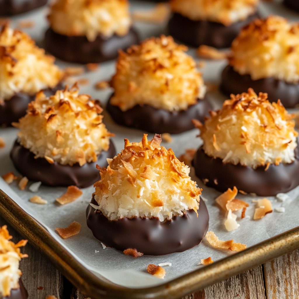 Golden coconut macaroons with toasted tops and chocolate-dipped bases on a parchment-lined baking shee