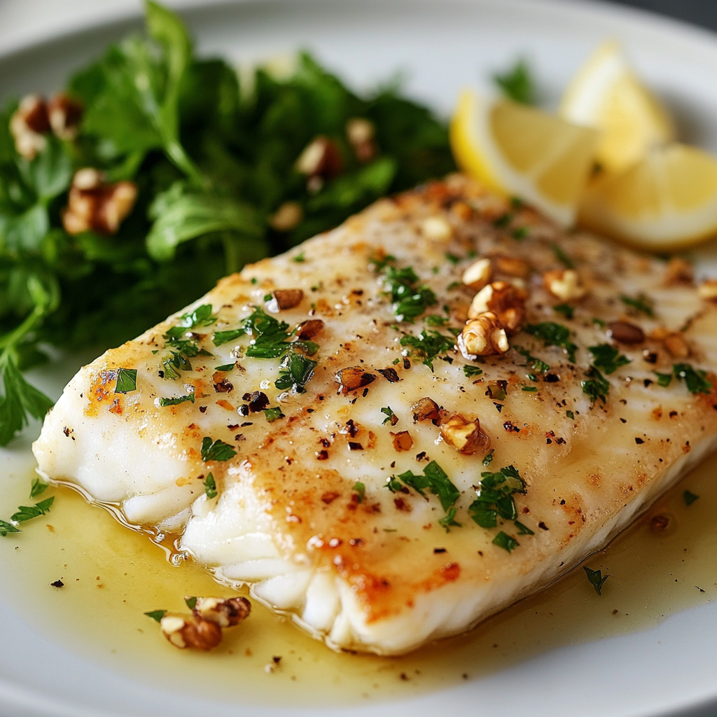 Chilean Sea Bass fillet garnished with parsley and walnuts, served with lemon wedges and fresh greens on a white plate.