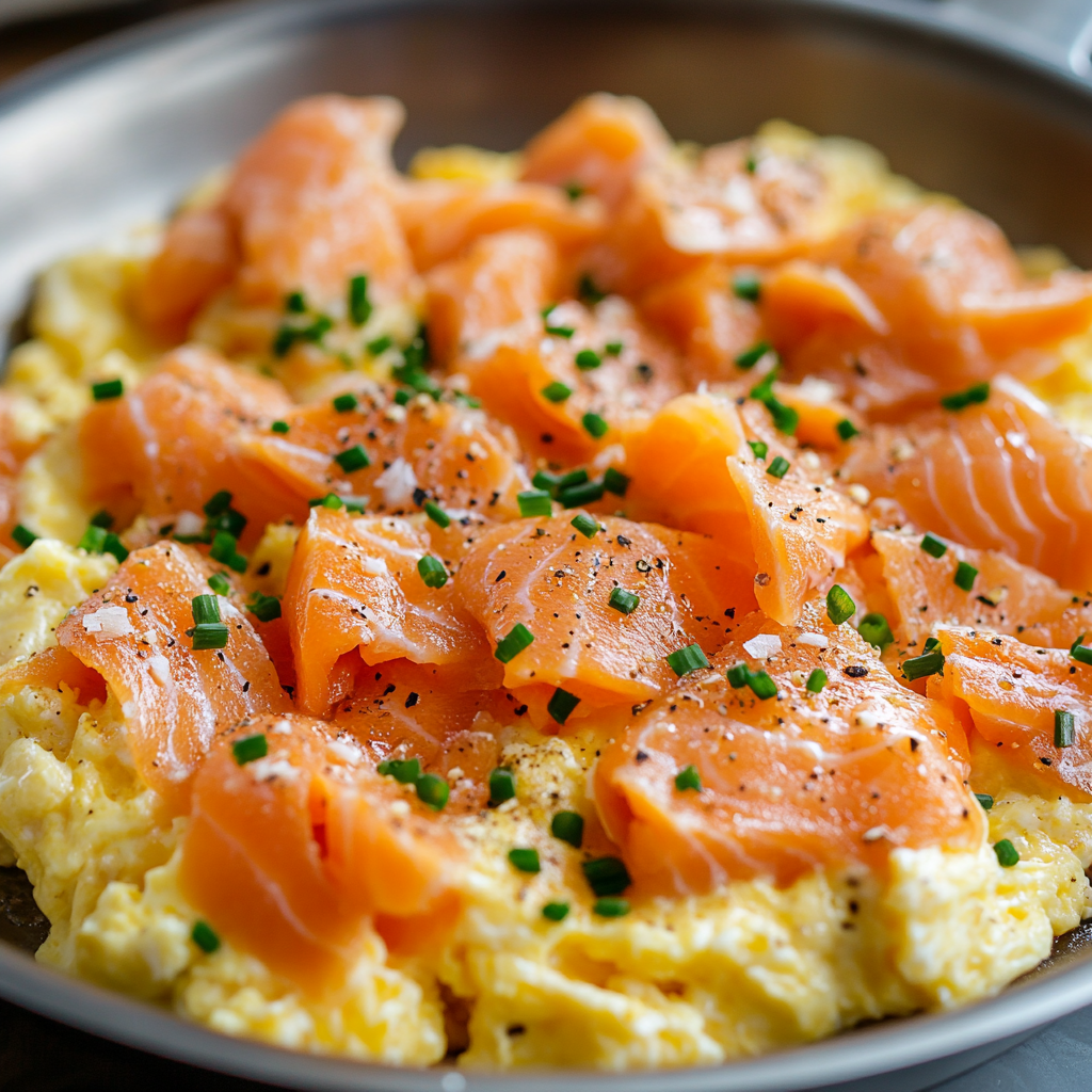 A beautifully plated dish of creamy scrambled eggs topped with thinly sliced smoked salmon, garnished with fresh chives and cracked black pepper