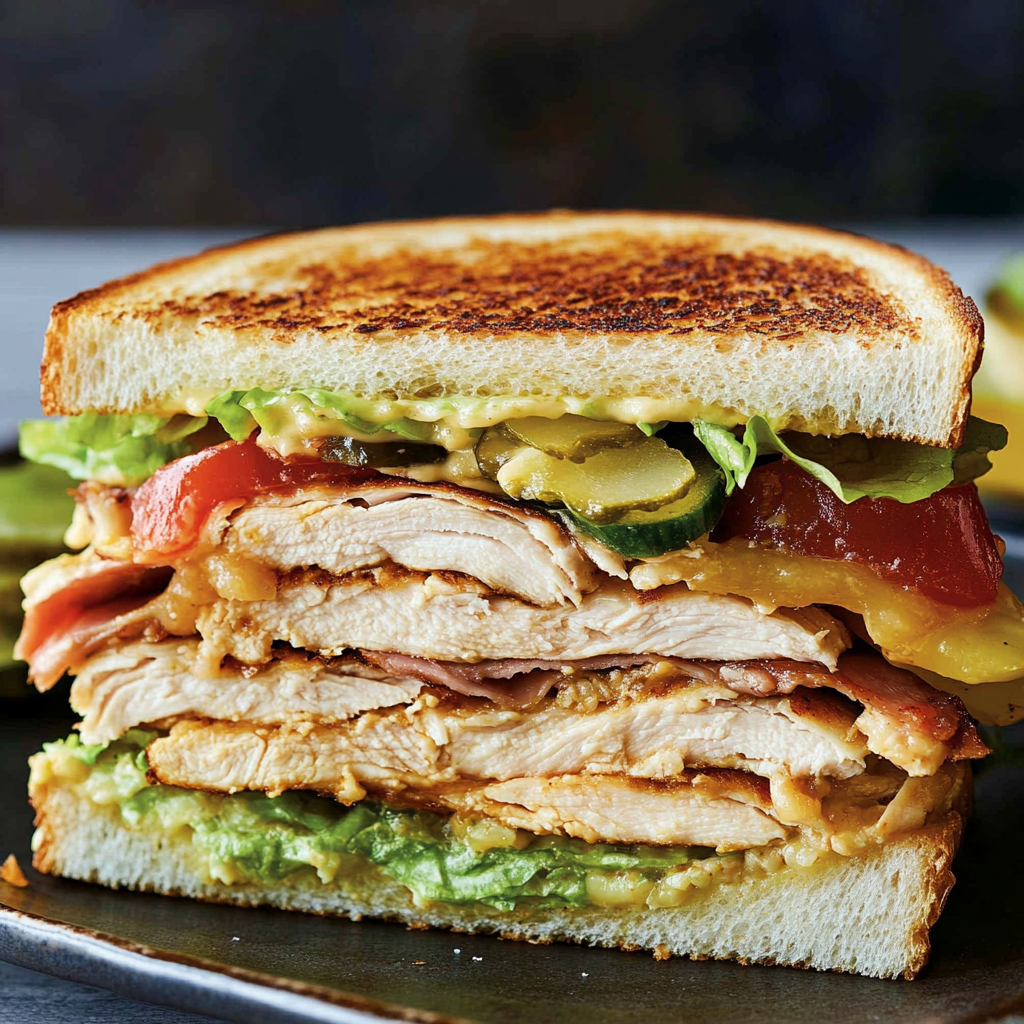 Cross-section of a classic chicken club sandwich with layers of grilled chicken, crispy bacon, lettuce, tomato, pickles, avocado, and toasted bread.