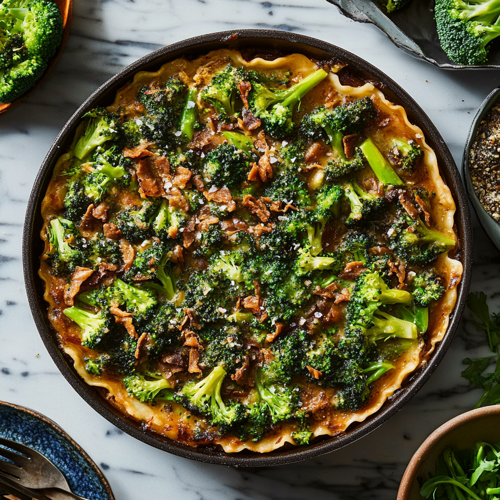 A freshly baked broccoli quiche with a golden crust and crispy bacon bits, served on a marble countertop