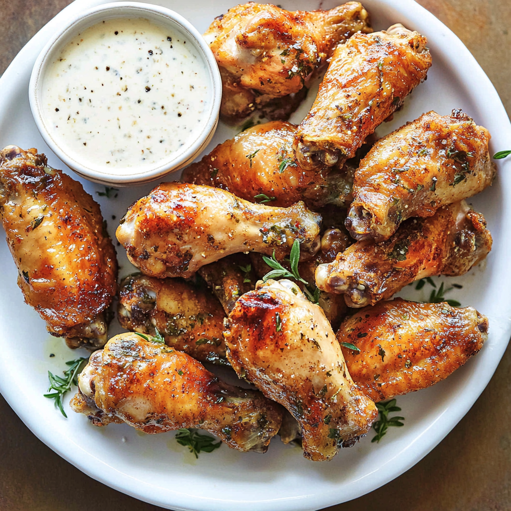 A plate of crispy, golden-brown chicken wings served with a creamy ranch dipping sauce, garnished with fresh herbs.