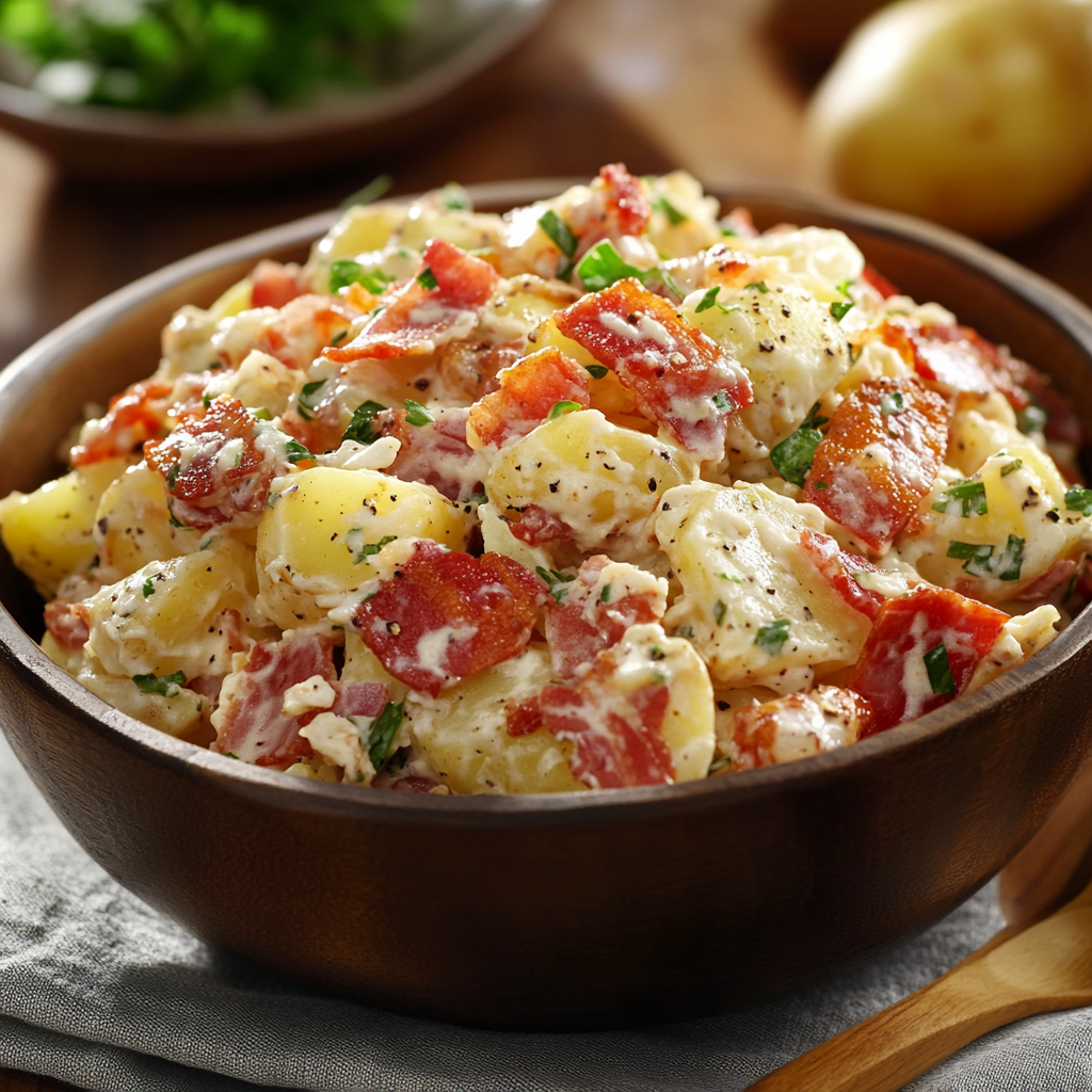 Close-up of a creamy BLT Potato Salad with bacon, lettuce, and tender potatoes served in a wooden bowl