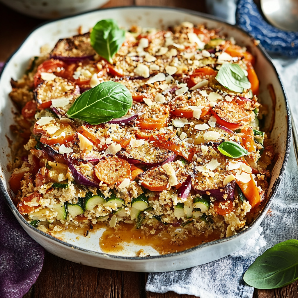 Gluten-free vegetarian casserole with roasted vegetables, zucchini, tomatoes, onions, and a crispy almond topping garnished with fresh basil leaves.