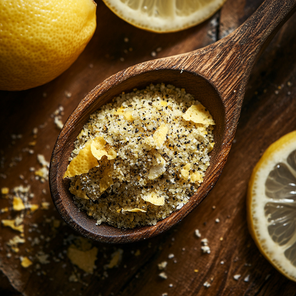 A wooden spoon filled with lemon pepper seasoning, featuring dried lemon zest and crushed black pepper, surrounded by fresh lemon slices on a rustic wooden surface