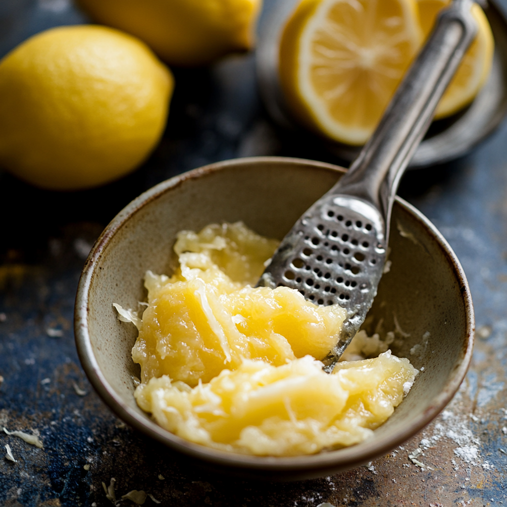 A close-up of a manual lemon squeezer resting on a bowl filled with freshly extracted lemon pulp, with whole and sliced lemons in the background.