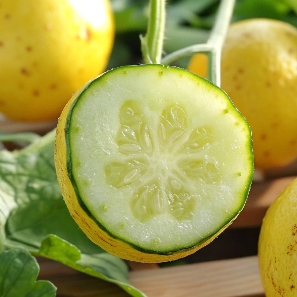 Close-up of a sliced lemon cucumber, showing its pale green flesh and seeds, with whole yellow cucumbers and leafy greens in the background