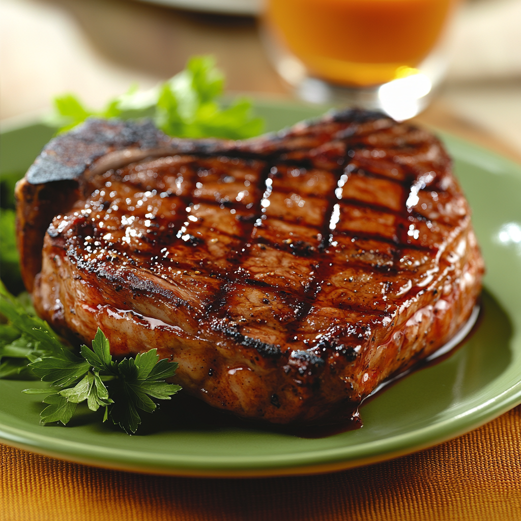 A perfectly grilled Tomahawk steak served on a green plate, garnished with fresh parsley.