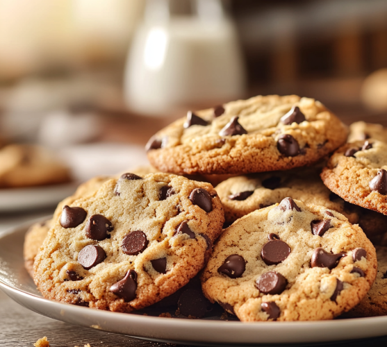 A close-up of freshly baked chocolate chip cookies on a plate with chocolate chips visible on top.