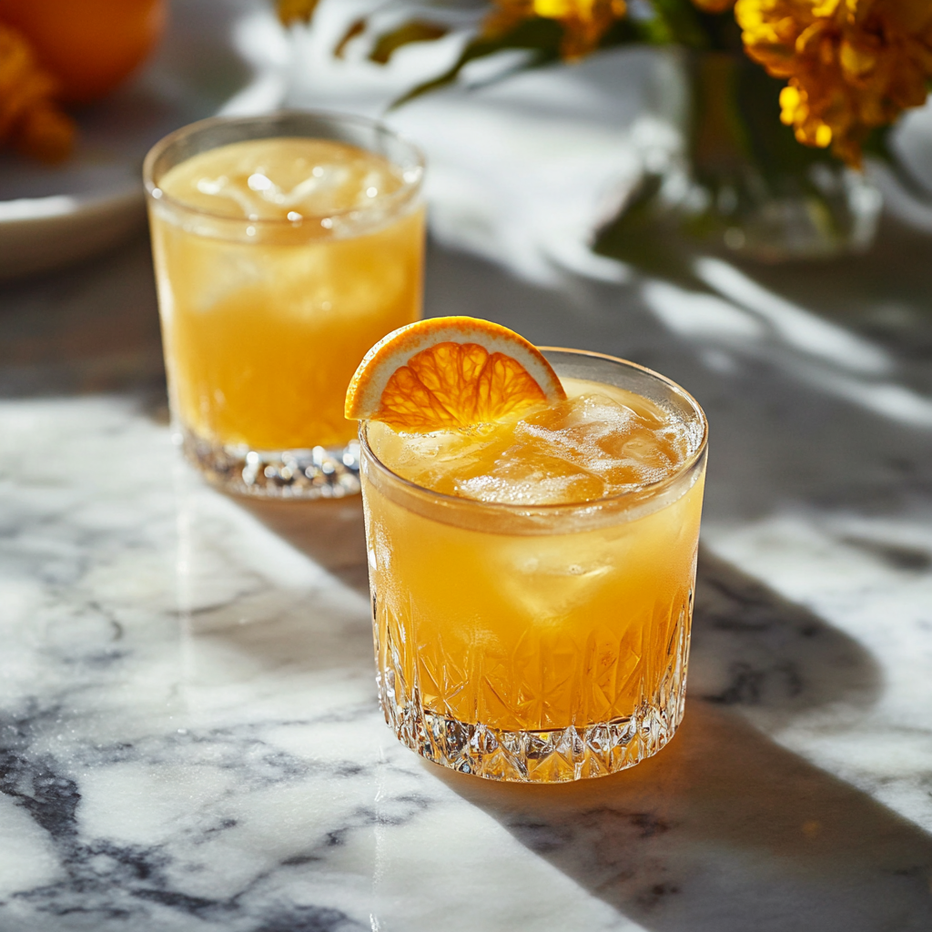 Two glasses of orange juice with ice, garnished with a slice of orange, placed on a marble surface with sunlight and flowers in the background.