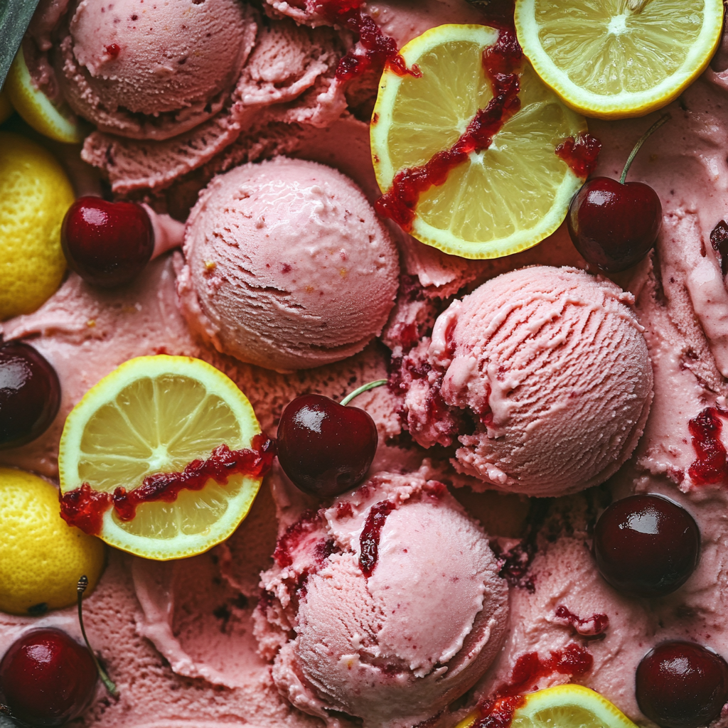 Scoops of vibrant pink lemon cherry gelato surrounded by fresh cherries and lemon slices, showcasing a refreshing and fruity dessert.