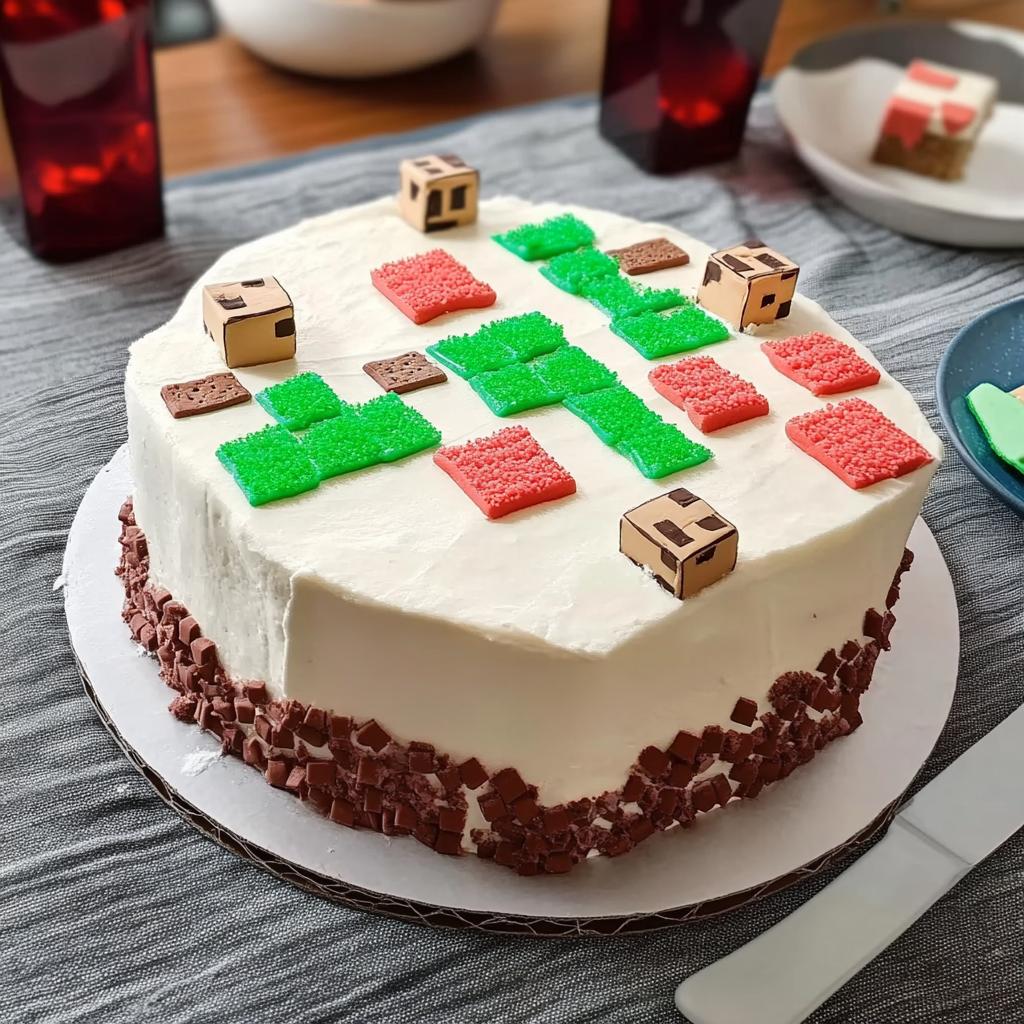 A Minecraft-themed cake with white frosting, pixelated red and green fondant squares, and block-shaped decorations.