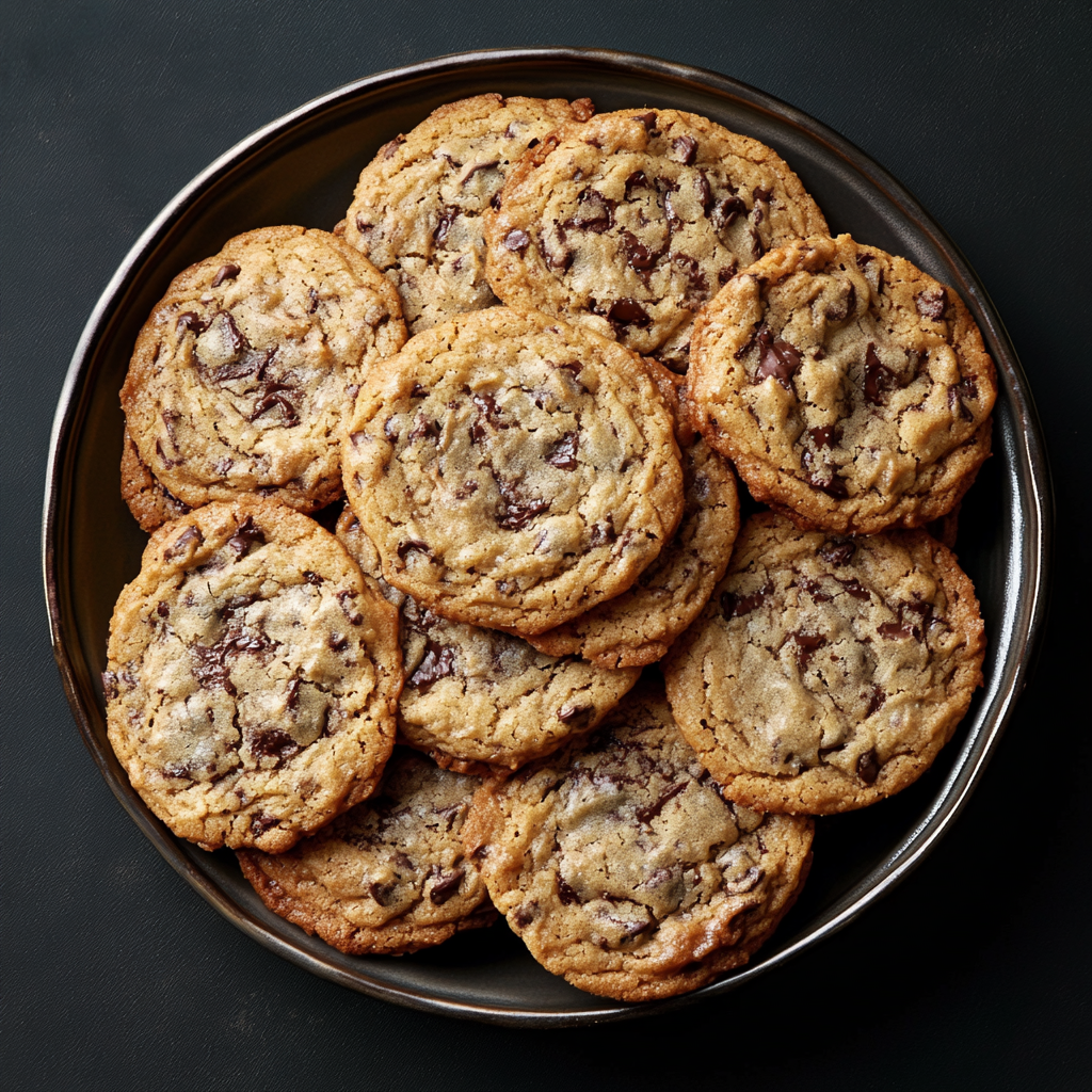 Plate of freshly baked small batch chocolate chip cookies with gooey chocolate chunks