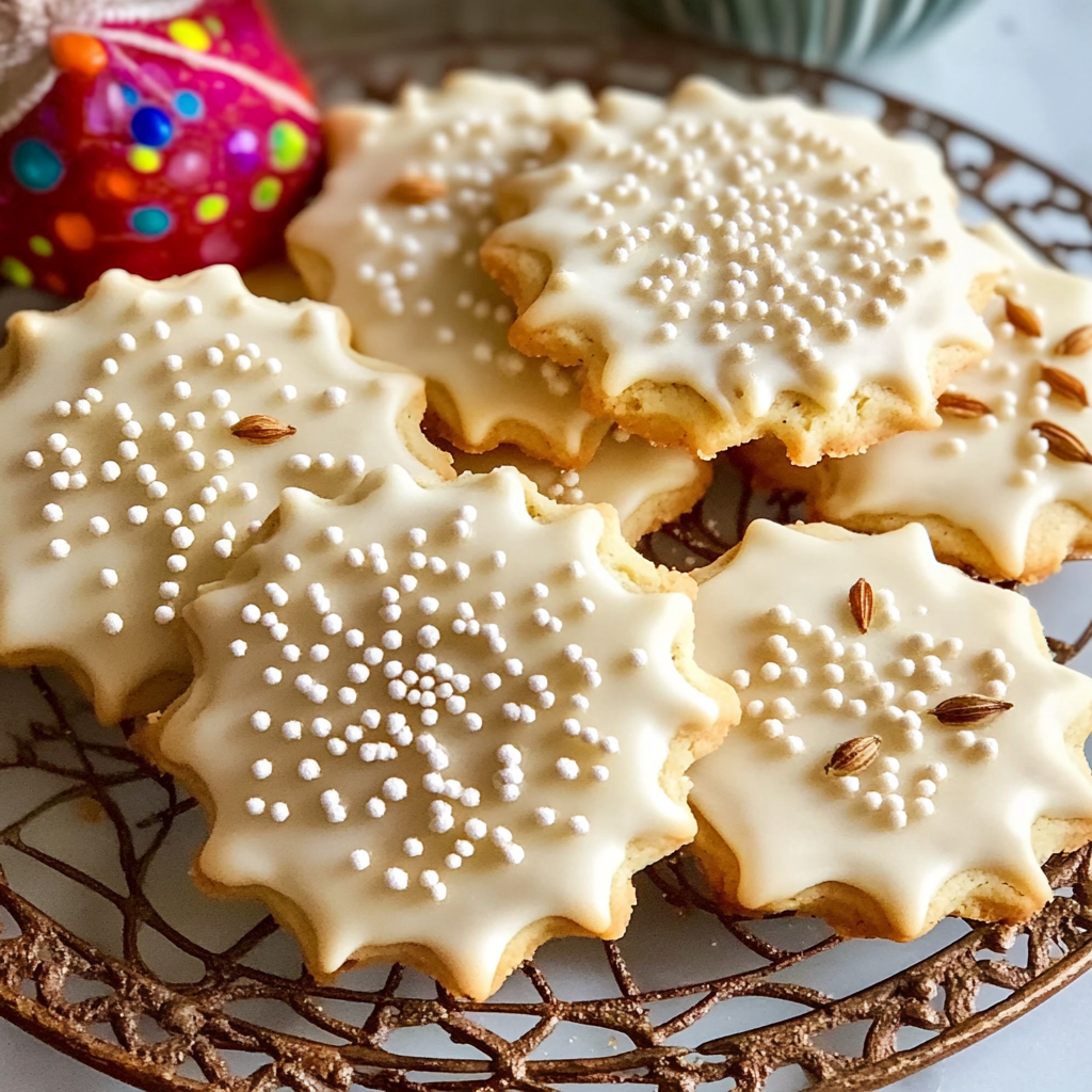 Beautifully decorated anise cookies with white icing and sprinkles, displayed on a decorative plate