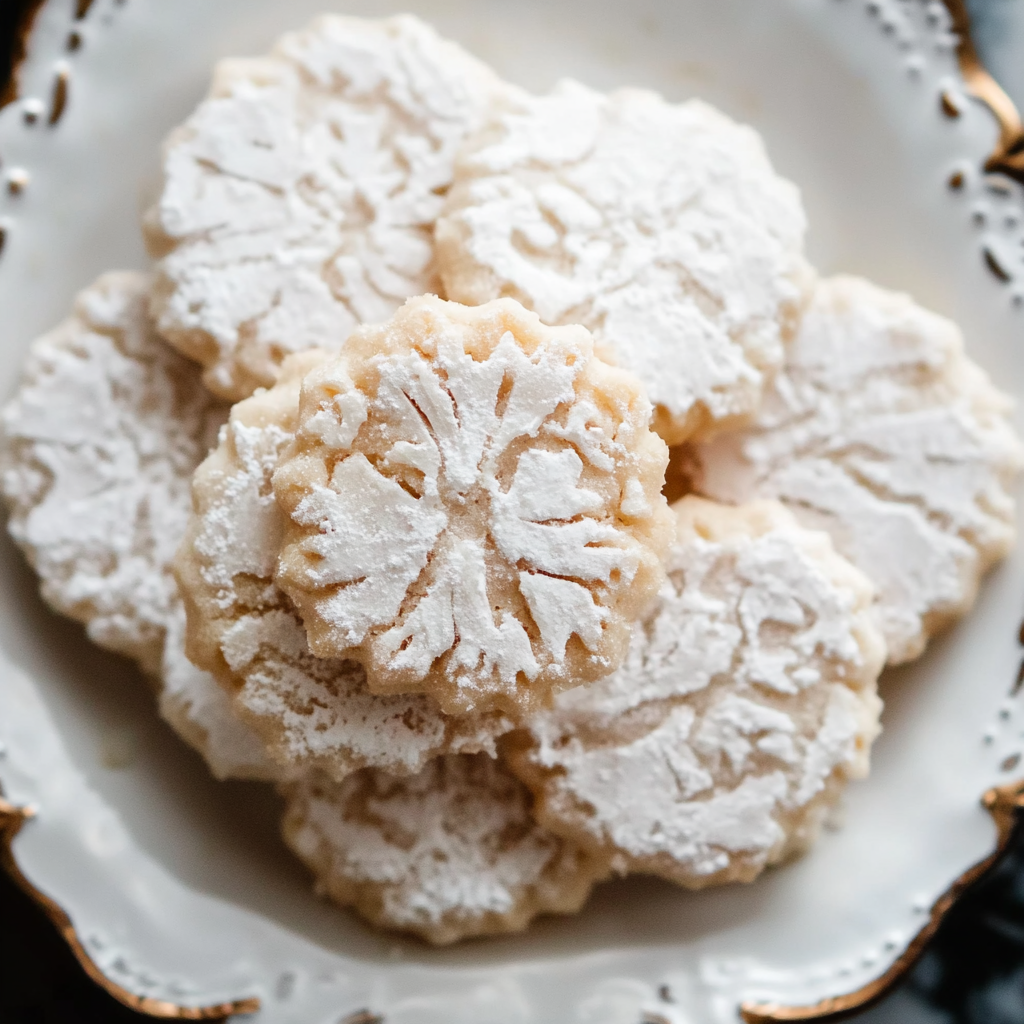 Beautifully patterned Danish wedding cookies coated in powdered sugar, arranged on a decorative plate