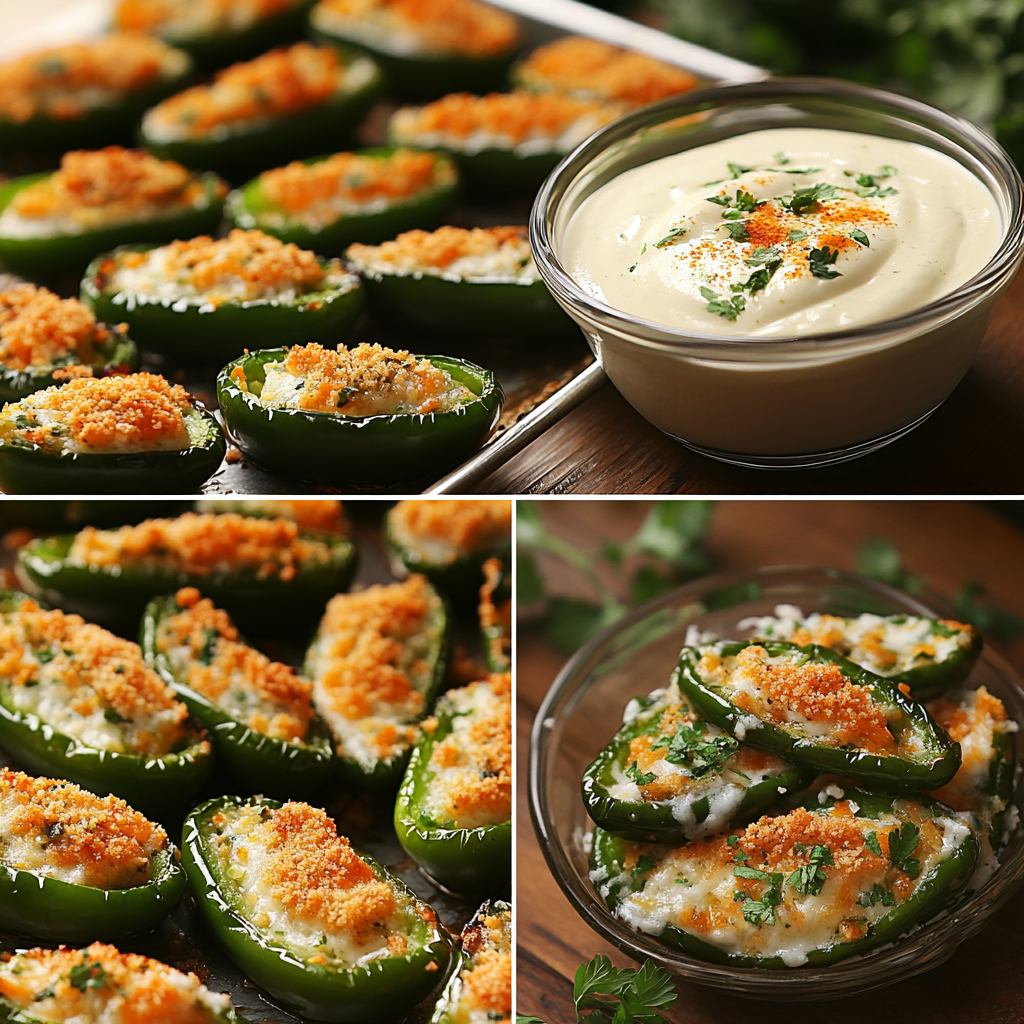 Jalapeño poppers topped with golden breadcrumbs, served with a creamy dipping sauce, displayed on a tray and in bowls.