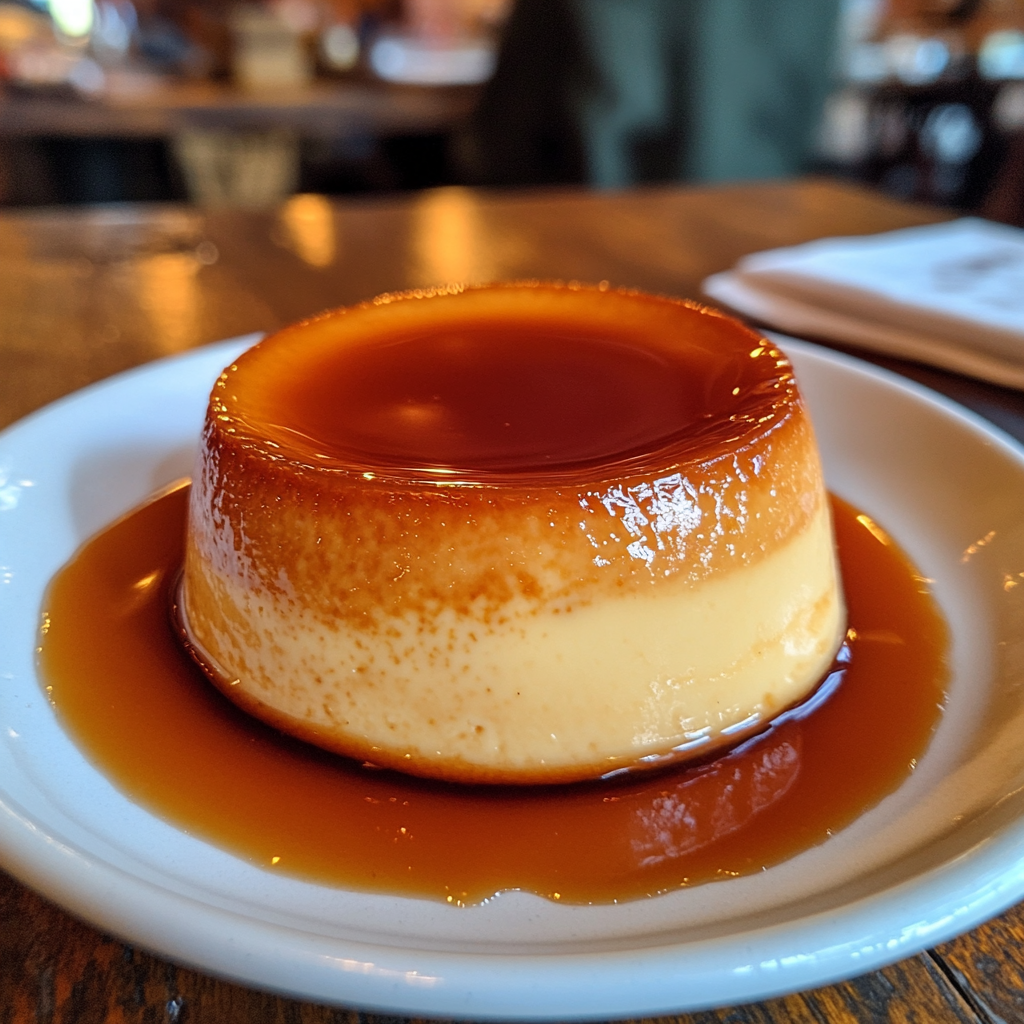 Close-up of a creamy flan with golden caramel syrup served on a white plate