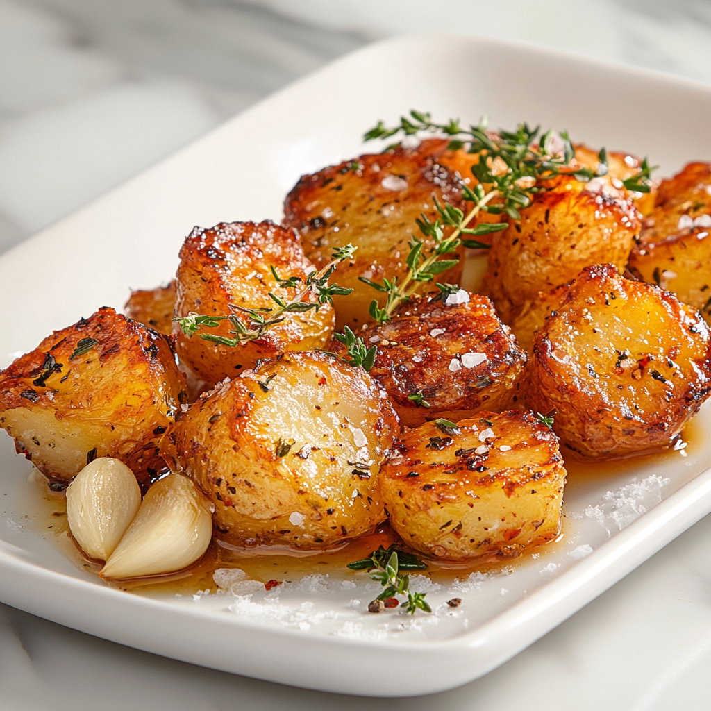 Crispy roasted potato cubes garnished with sea salt, fresh thyme, and whole garlic cloves, served on a white plate