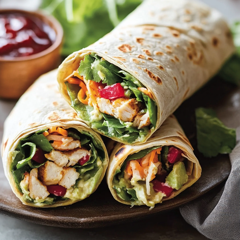 Grilled chicken wrap filled with fresh lettuce, avocado, and vibrant vegetables, held together by soft tortilla wrap, with salsa on the side.