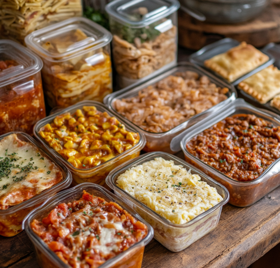 An assortment of freezable recipes in airtight containers, including lasagna, creamy pasta, chili, and savory dishes, neatly arranged on a rustic wooden counter