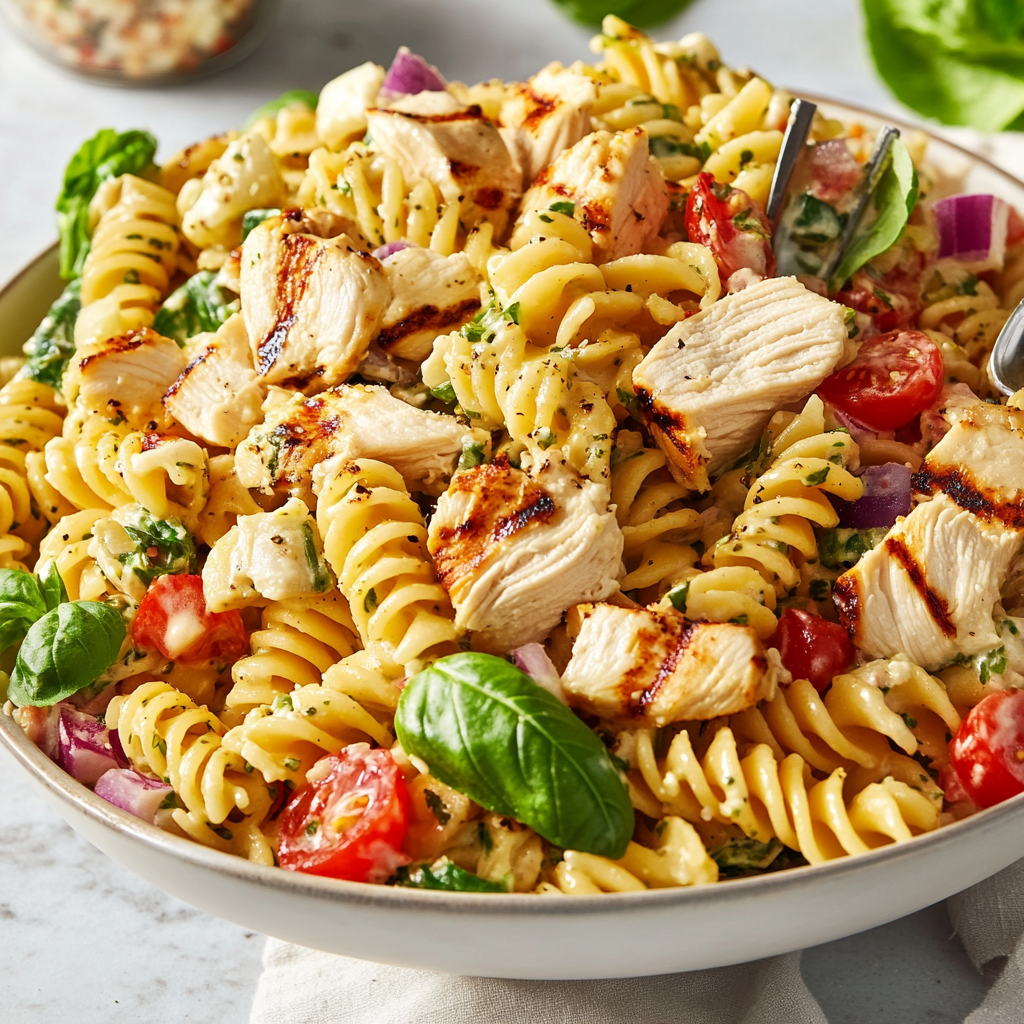 Grilled chicken pasta salad with rotini, cherry tomatoes, red onions, fresh basil, and a creamy dressing, served in a white bowl.