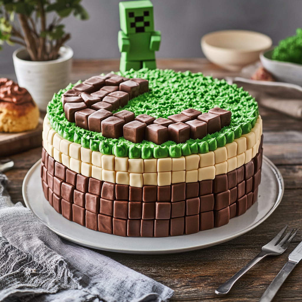 A Minecraft-themed cake decorated with green frosting grass, chocolate and vanilla fondant blocks, and a Creeper figurine.