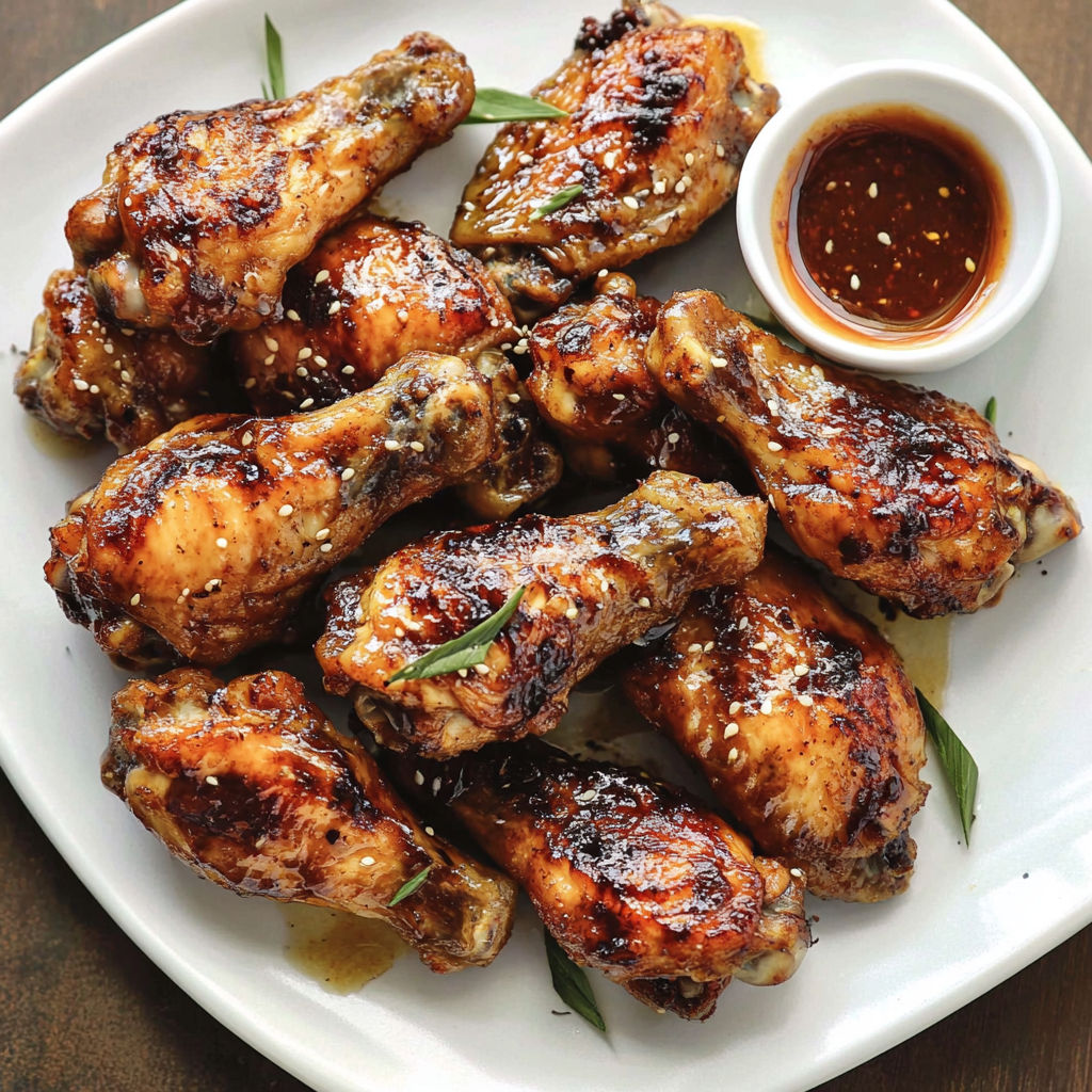 A plate of grilled chicken wings glazed with a savory sauce, garnished with sesame seeds and fresh herbs, served with a side of dipping sauce.