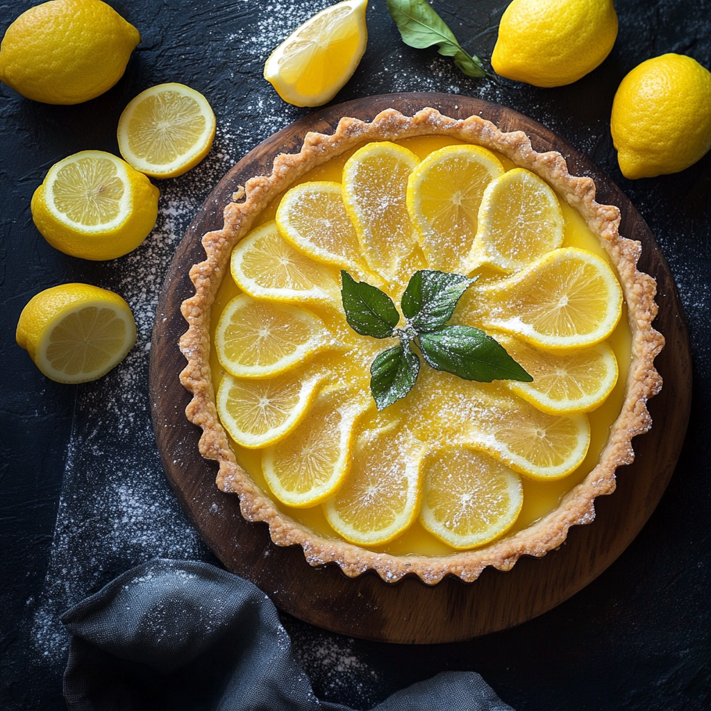 A beautifully arranged lemon tart with thin lemon slices on top, dusted with powdered sugar and garnished with fresh mint leaves, surrounded by whole and sliced lemons.