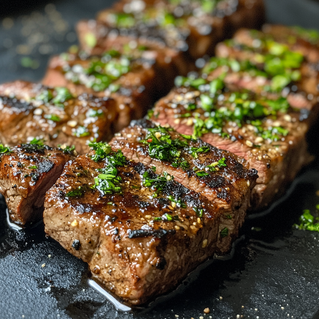 Juicy grilled steak slices topped with fresh herbs on a black platter, showcasing perfect grill marks and a glistening finish