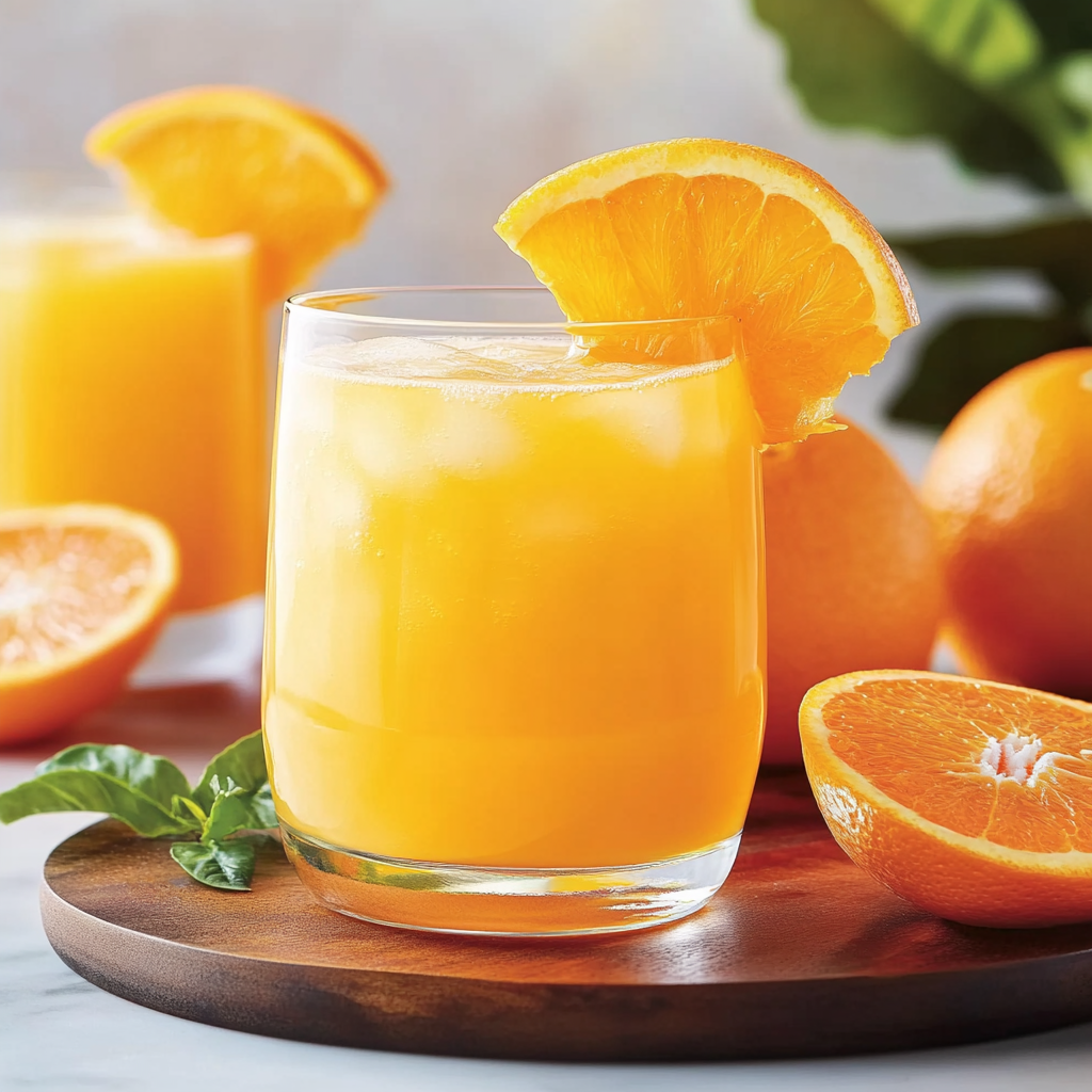 A glass of chilled orange juice garnished with an orange wedge on a wooden surface.