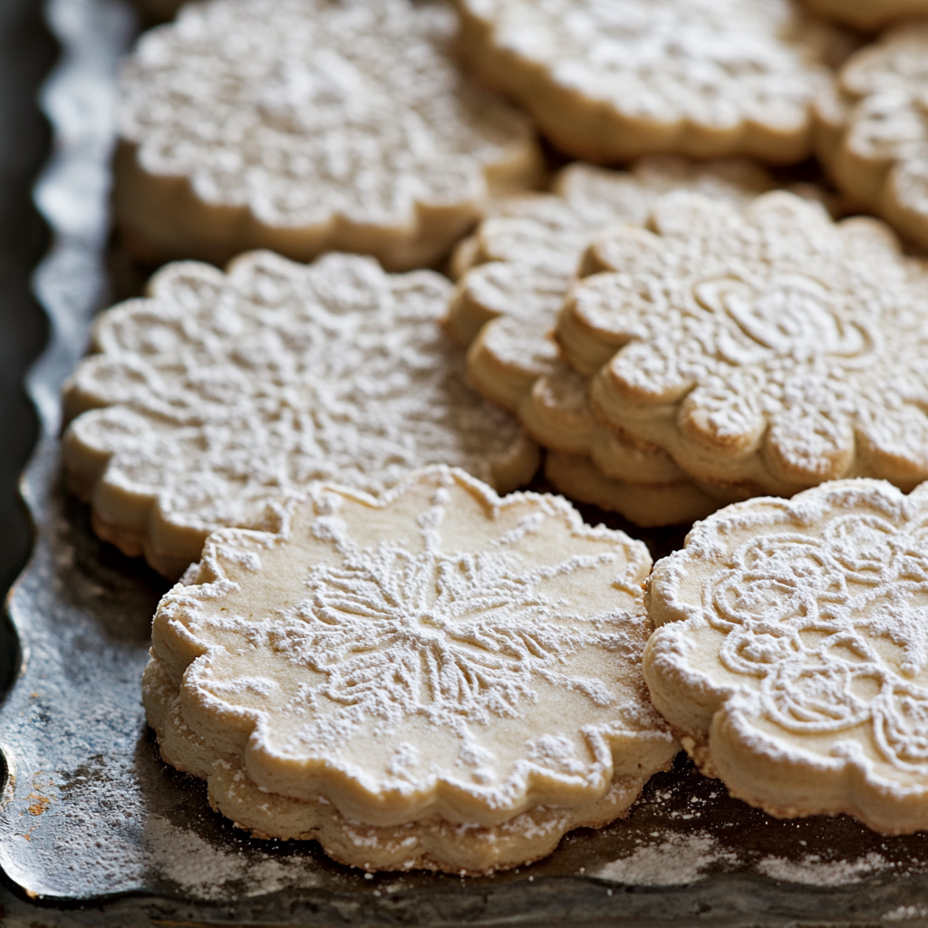 A tray of low-sugar cookies with intricate floral and snowflake patterns, lightly dusted with powdered sugar for a festive appearance.