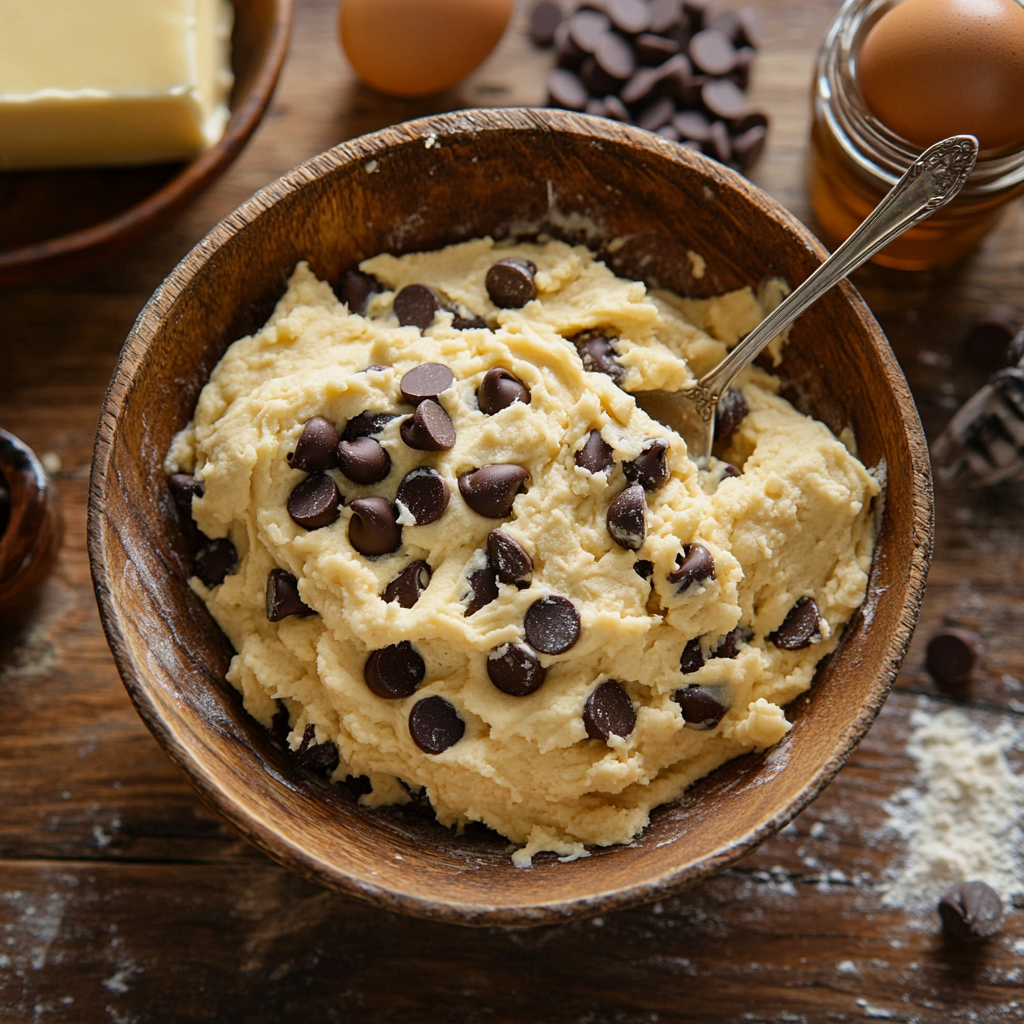 A wooden bowl filled with creamy cookie dough and chocolate chips, surrounded by baking ingredients on a rustic table.