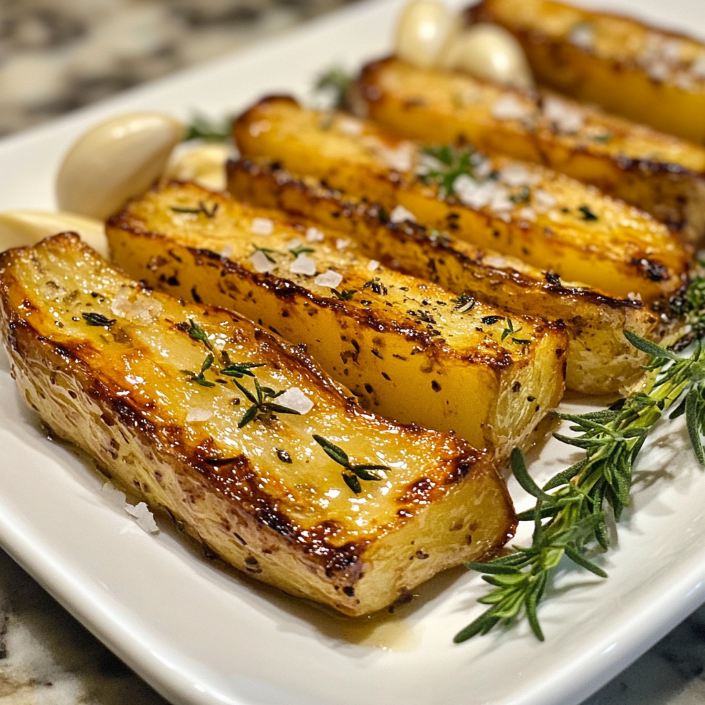 Roasted potato wedges garnished with thyme, garlic, and sea salt, neatly arranged on a white plate