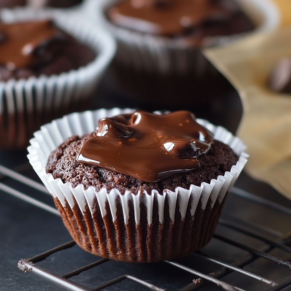 A rich chocolate muffin topped with glossy melted chocolate, served in a white liner on a cooling rack