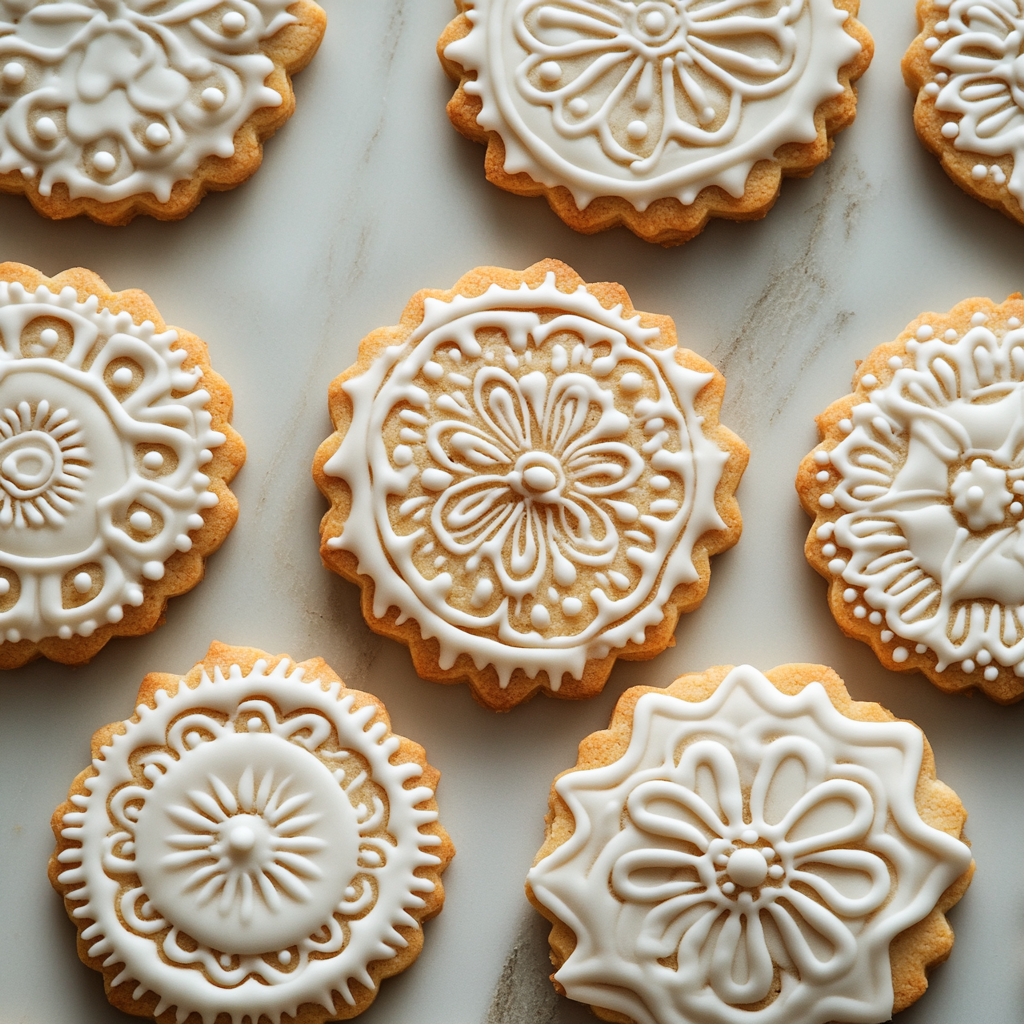 Low-sugar cookies with elegant white icing patterns, featuring intricate floral and decorative designs, arranged on a smooth marble surface.