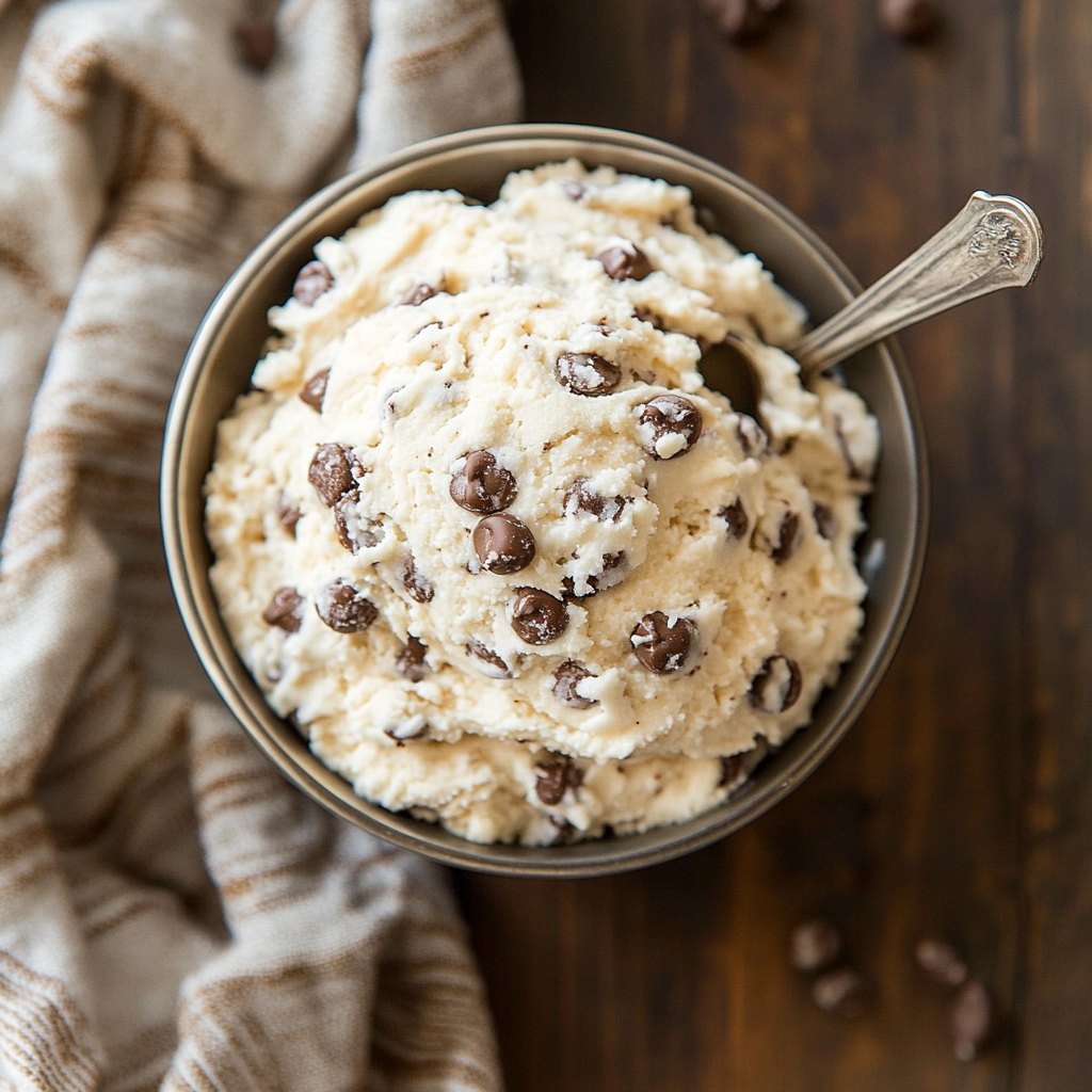 A bowl of creamy cottage cheese cookie dough topped with chocolate chips and a spoon ready for serving.